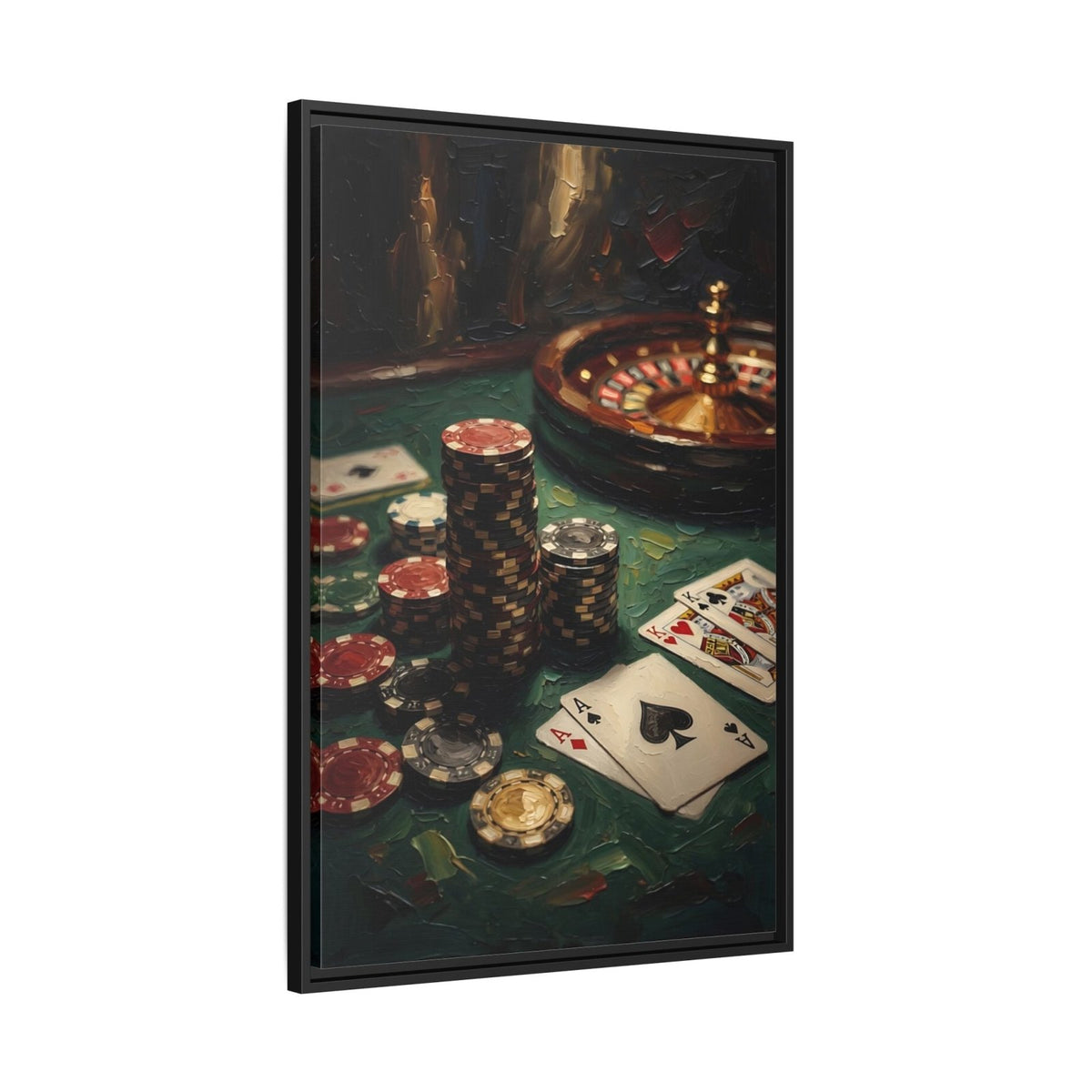 Black framed roulette and poker canvas with roulette wheel and stacked chips near cards