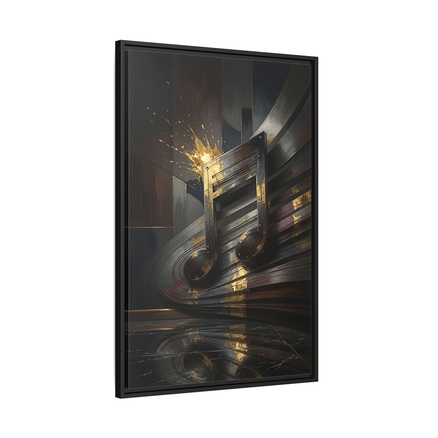 Framed black canvas wall art angled view showing abstract golden music note