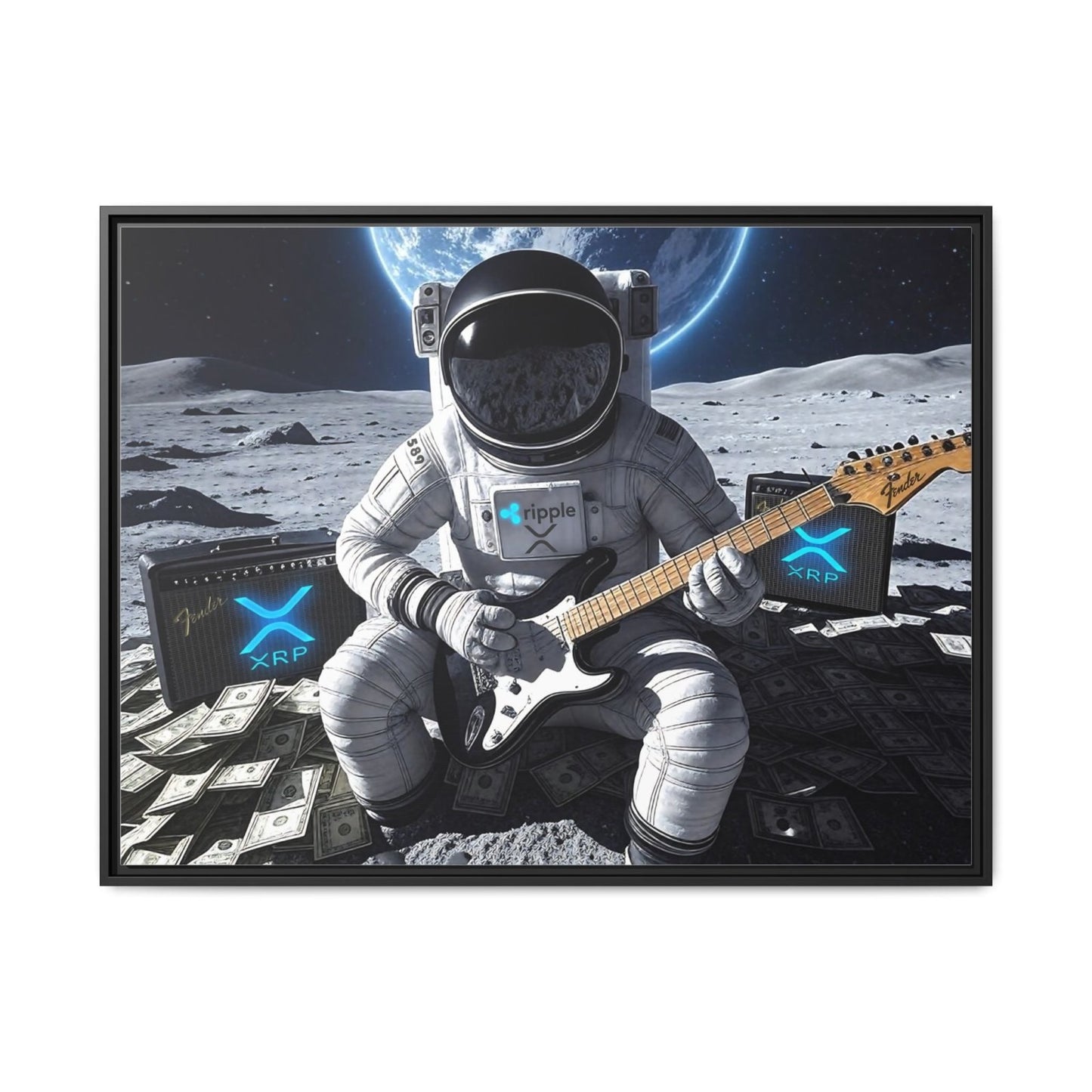 Framed wall art with helmeted astronaut holding an electric guitar, space background
