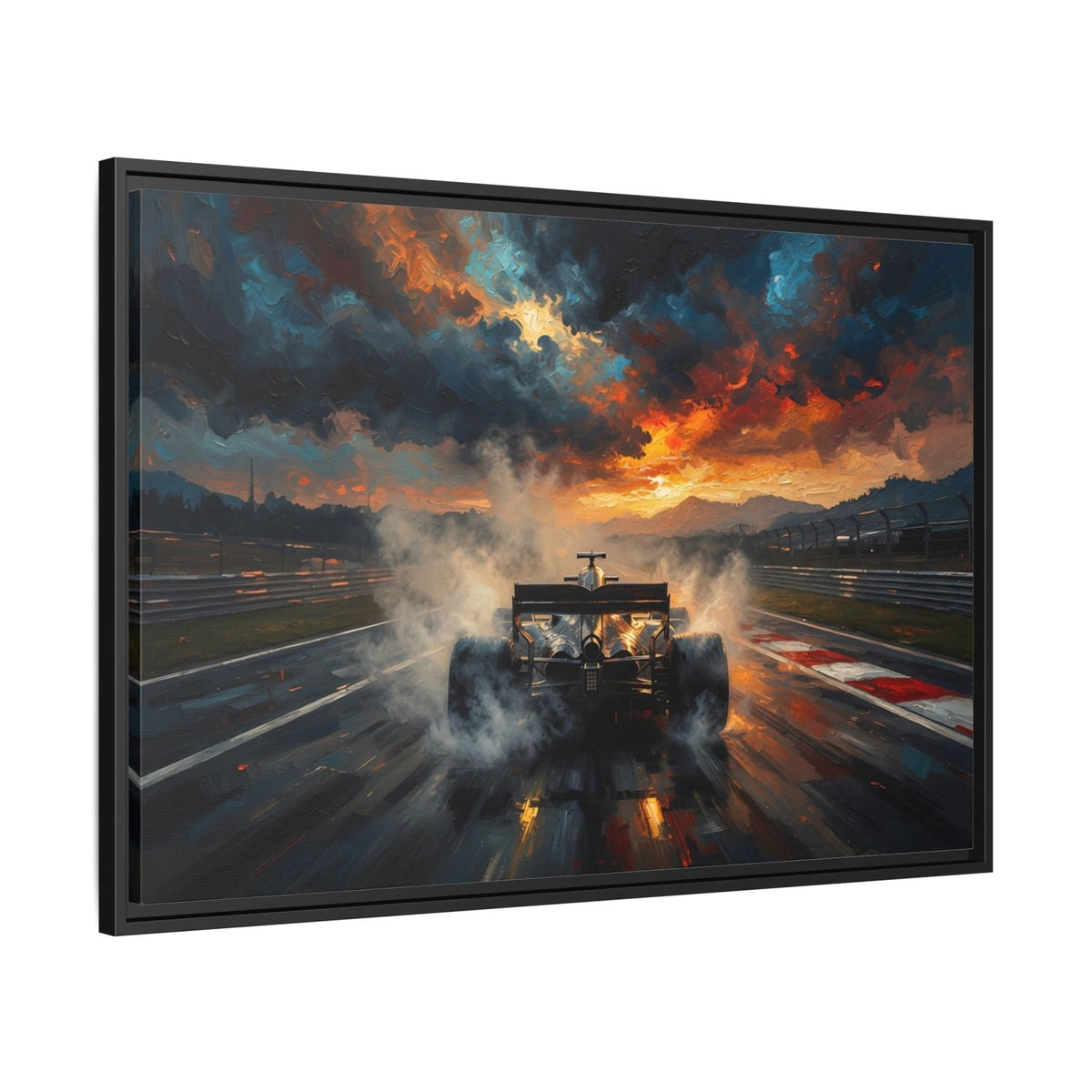 Black-framed racing car canvas print viewed at an angle, dramatic sunset and smoke