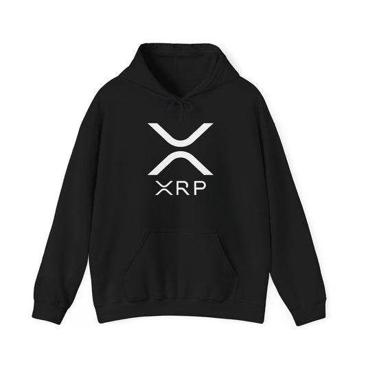 Black pullover hoodie with hood and white XRP logo on chest, kangaroo pocket