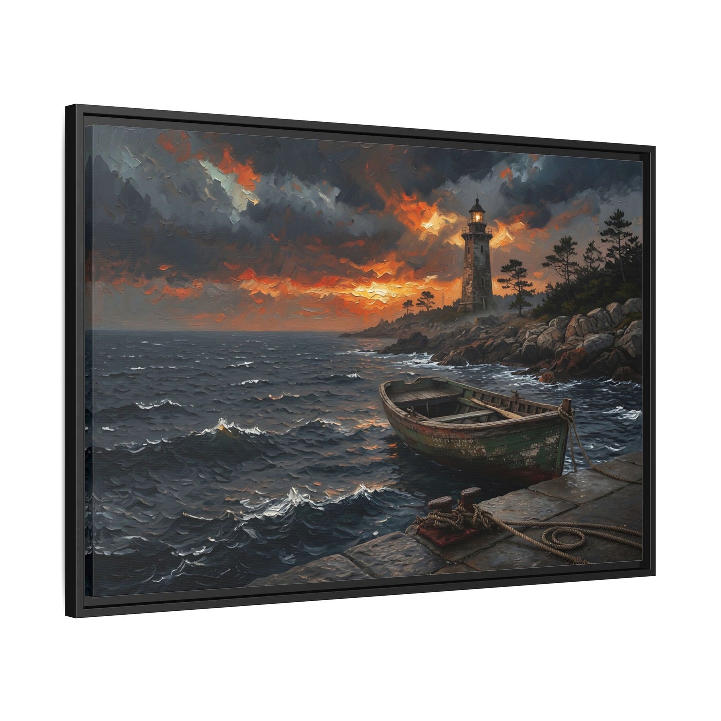 Framed canvas print with black frame, angled view of rowboat near lighthouse at dusk