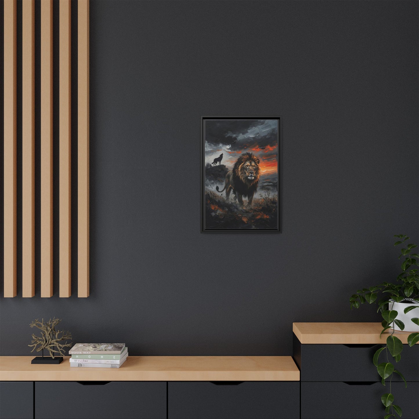 Lion and Wolf Matte Framed Canvas — Majestic Wildlife Sunset Wall Art