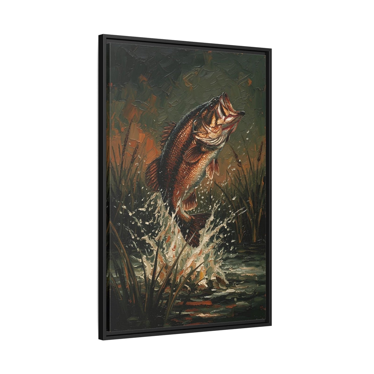 Framed canvas art featuring leaping bass fish in tall reeds, black frame