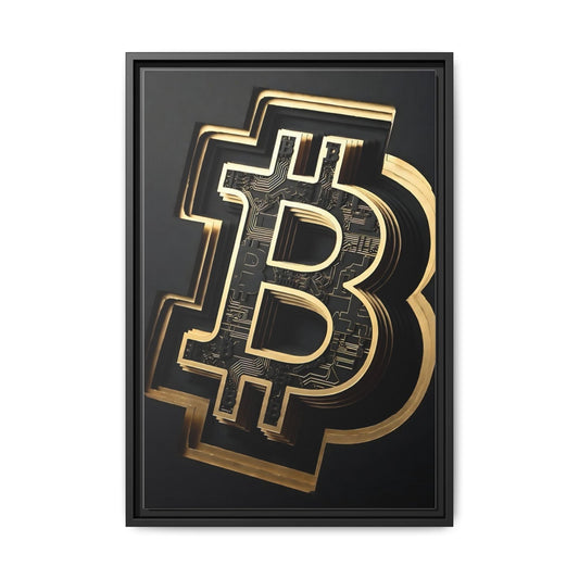 Framed canvas with gold Bitcoin logo and dark background in a black frame