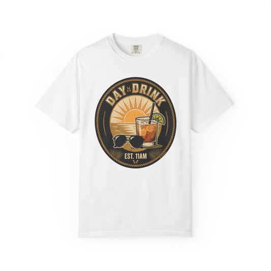 White crew-neck t-shirt with circular “DAY DRINK” graphic and “EST. 11AM”