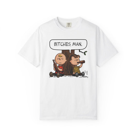 White graphic t-shirt with cartoon characters and “BITCHES, MAN.” print on chest
