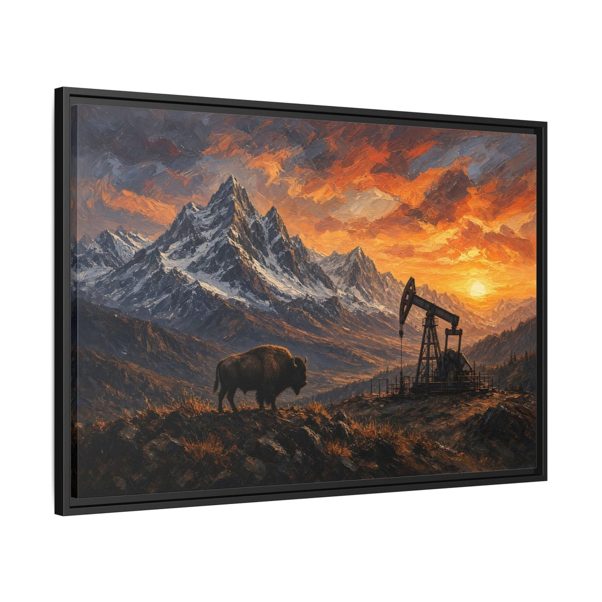 3/4 angled black-framed matte canvas showing bison and oil pumpjack in mountains