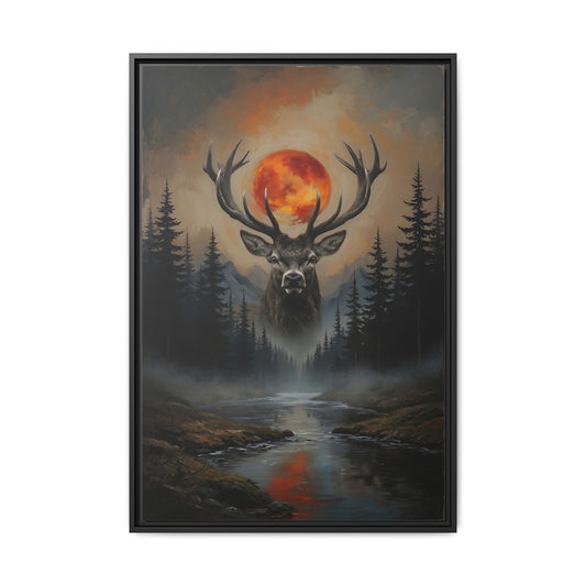 Stag Silhouette with Blood Moon - Framed Matte Canvas Art