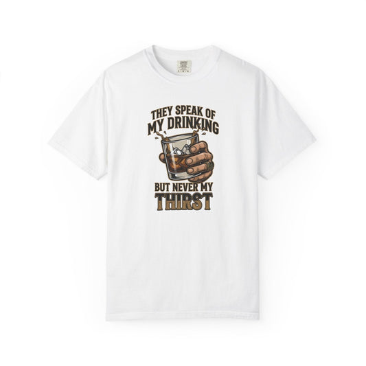 White whiskey quote graphic T-shirt with short sleeves and crew neck