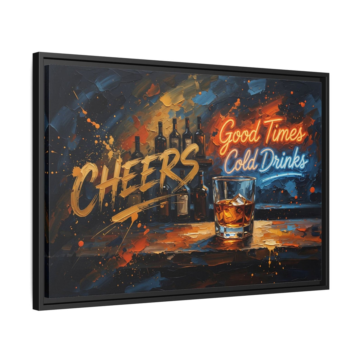 Black-framed wall canvas with visible frame depth and 'CHEERS' whiskey glass artwork