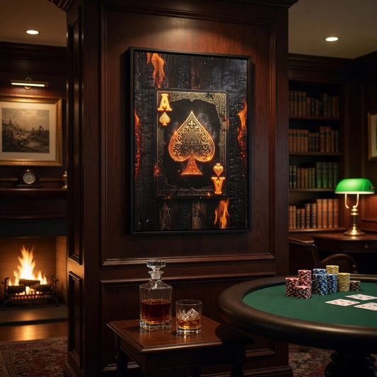 Framed wall canvas with black frame and gold ace of spades design, surrounded by flames
