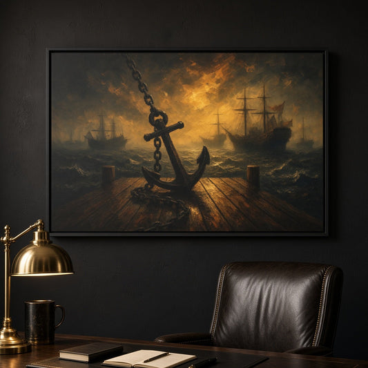 Framed matte canvas seascape wall art with anchor chain, ships, and golden sunset glow