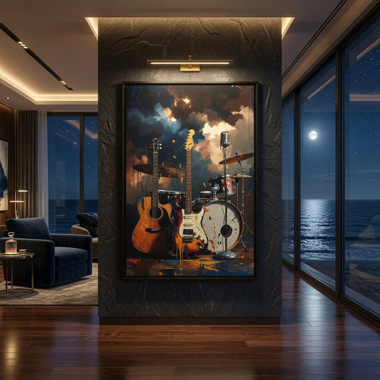 Framed canvas wall art of guitar and drum kit with dramatic blue and orange splatter