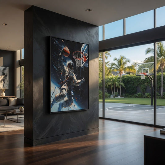 Framed matte canvas featuring an astronaut dunking a basketball in space artwork.