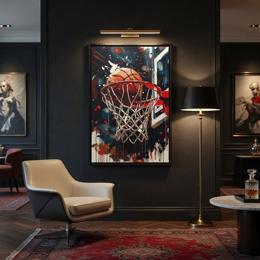 Black framed basketball hoop splash art with orange ball, white net, red and blue paint.