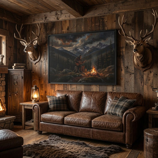 Framed canvas print of a Bigfoot guitarist playing by a campfire in the mountains