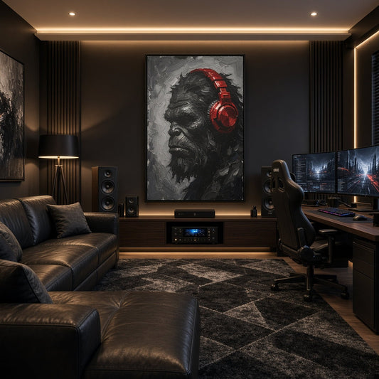 Framed canvas print on wall featuring Bigfoot portrait with red over-ear headphones