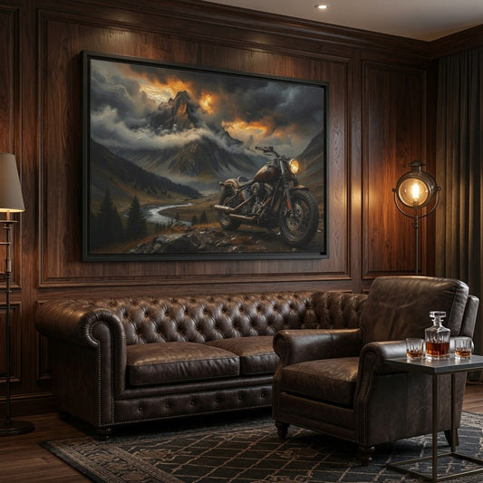 Framed matte canvas wall art with a motorcycle by a winding mountain stream