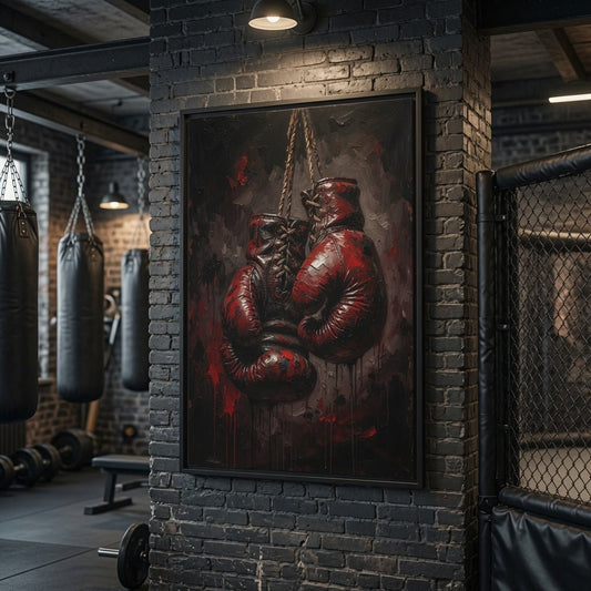 Framed boxing gloves canvas print featuring red gloves and dark gritty speckled style