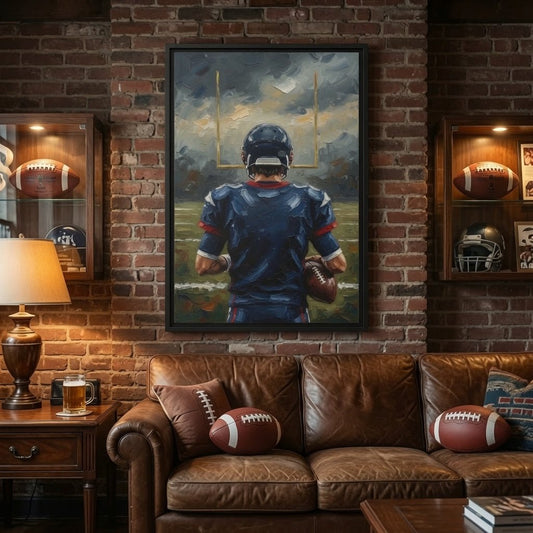 Framed football canvas art, black frame, back-view blue uniform player with yellow goalposts
