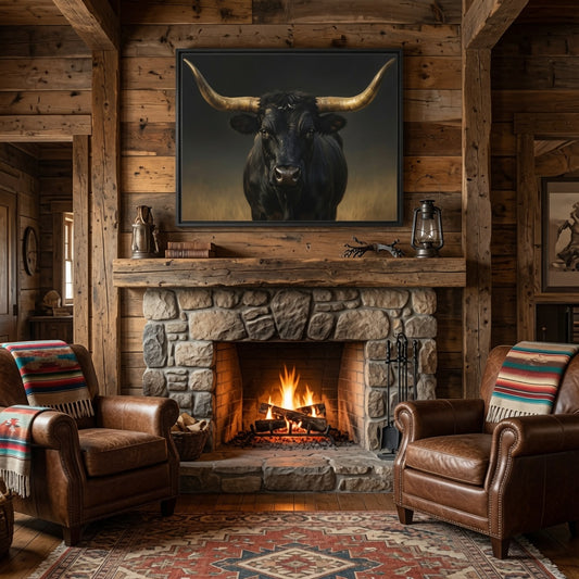 Majestic Black Longhorn Bull Wall Art : Framed Matte Canvas: