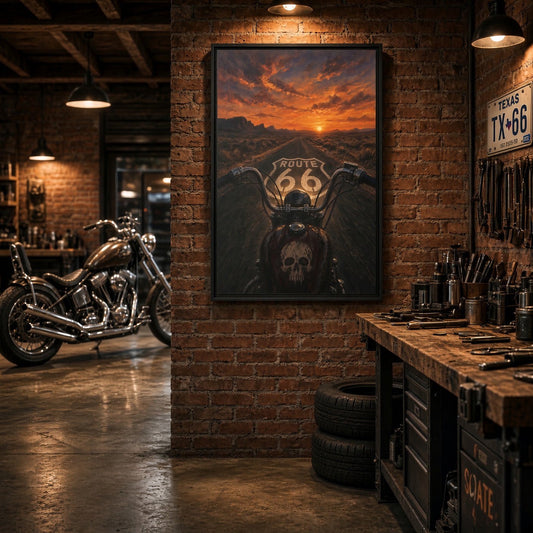Framed canvas wall art with Route 66 chopper and skull beneath sunset sky