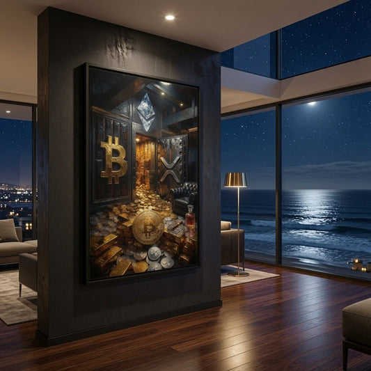Framed canvas wall art, black frame, crypto vault scene with gold Bitcoin and silver token shapes