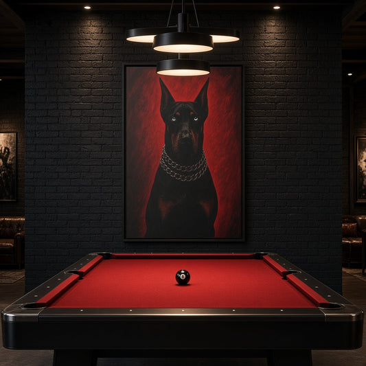 Framed canvas Doberman portrait hanging on wall, black dog with silver chain collar
