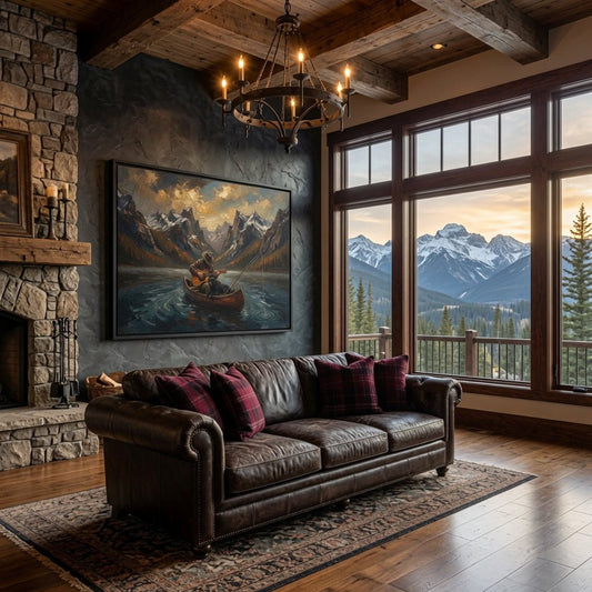 Black framed canvas of a fishing canoe with dog on a lake, mounted in a lodge living room