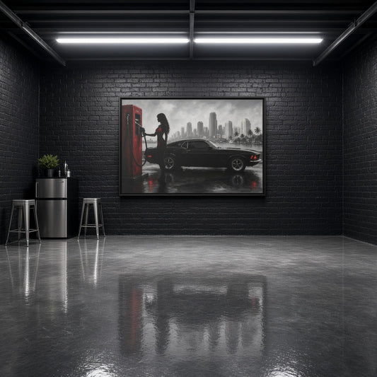 Framed canvas wall art with a black muscle car, red gas pump, and city skyline scene.
