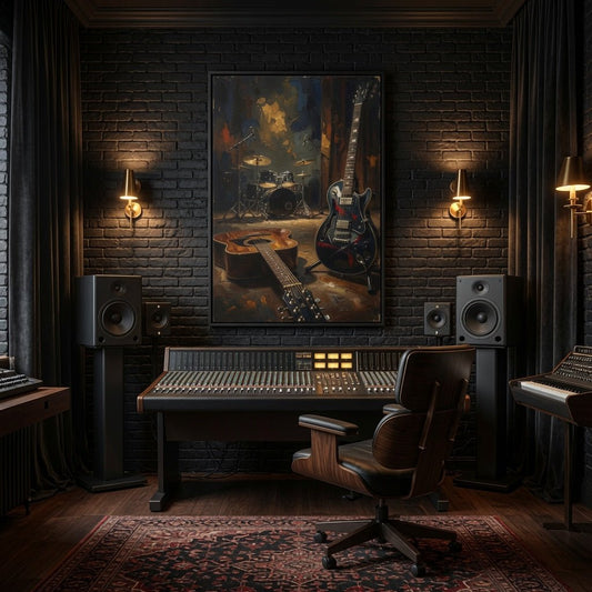 Framed rock-and-roll music canvas with black frame, guitar and drum graphic in vintage style.
