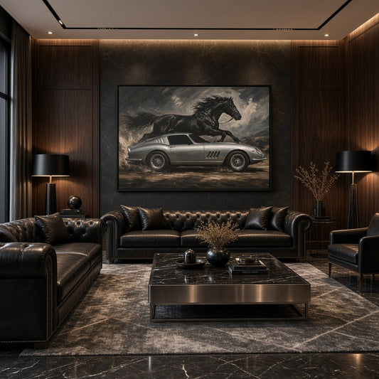 Black-framed landscape canvas showing silver sports car with rearing horse