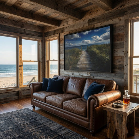 Black framed ocean seascape canvas above sofa and rug in cabin room