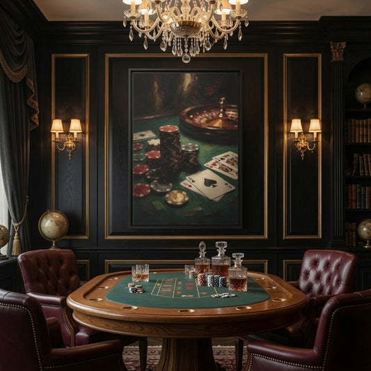 Black framed roulette and poker canvas with chips, roulette wheel, and poker playing cards