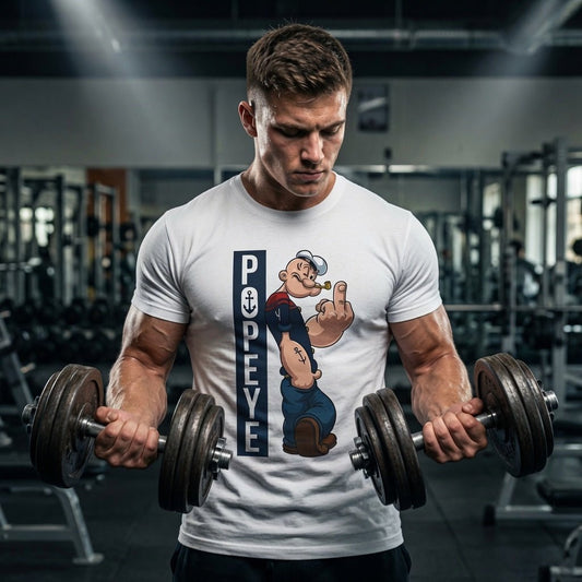 White graphic cartoon T-shirt with vertical sailor-themed print worn by a man holding dumbbells