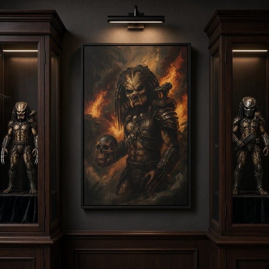 Black framed canvas wall art featuring a dark predator figure with glowing flames