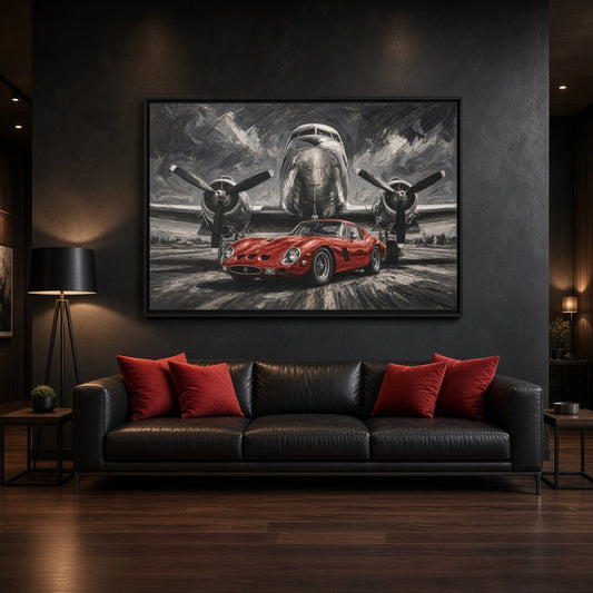 Black-framed canvas print with a red vintage sports car and a jet plane