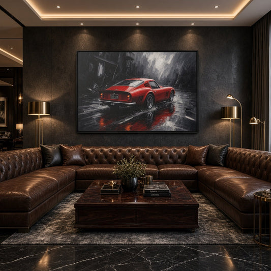 Framed canvas wall art of a red vintage coupe splashing through rain, black frame
