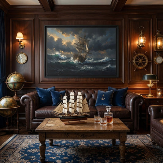 Black-framed stormy sea ship wall art canvas, sailboat on turbulent waves under sunset light