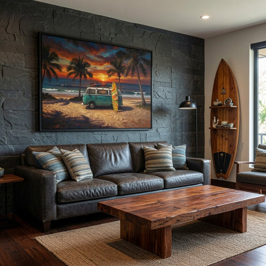 Framed beach canvas print with teal van, surfboard, and palm beach sunset over waves