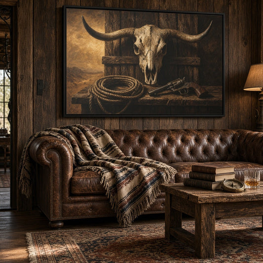 Framed Western skull canvas wall art with horns, rope coil, and rifle