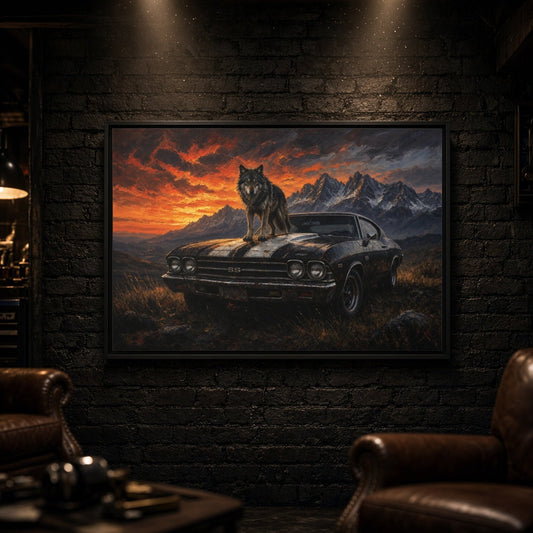 Wolf and muscle car canvas wall art, centered black frame on dark brick wall.
