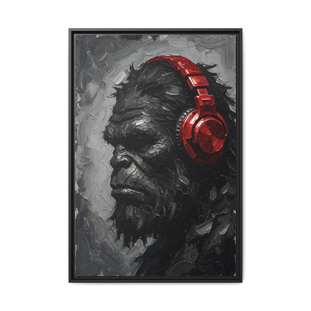 Framed canvas print showing Bigfoot face with red over-ear headphones on grayscale background
