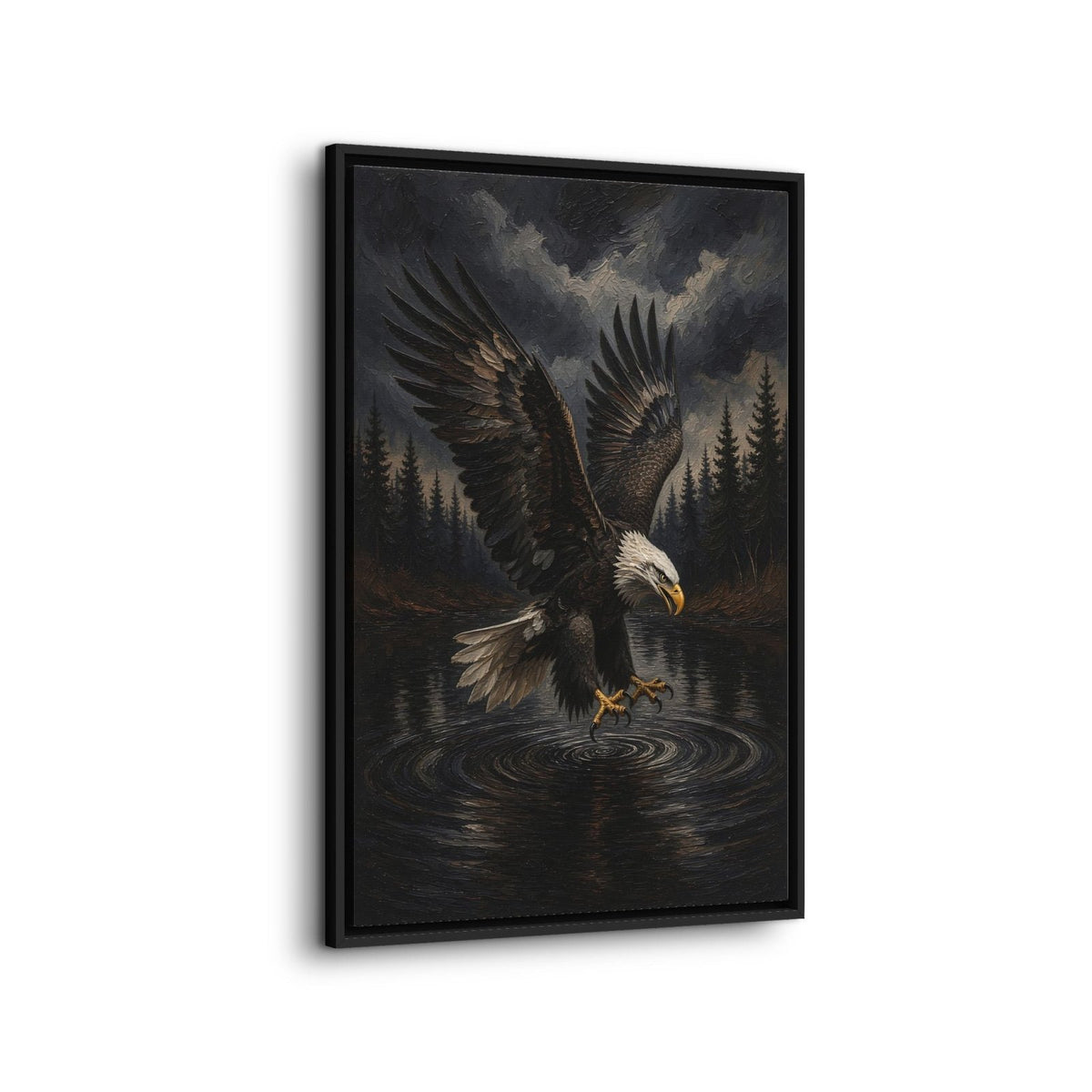Angled view of a framed canvas depicting an eagle swooping over rippling water