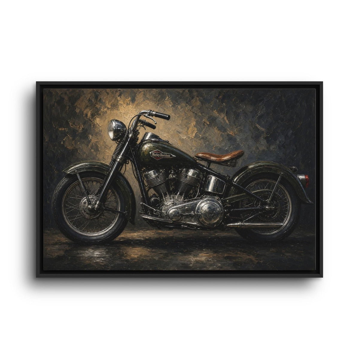 Framed canvas artwork of a vintage motorcycle with spoked wheels and leather seat