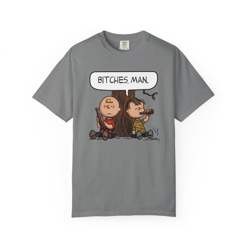 Grey graphic t-shirt with cartoon characters and “BITCHES, MAN.” print on front