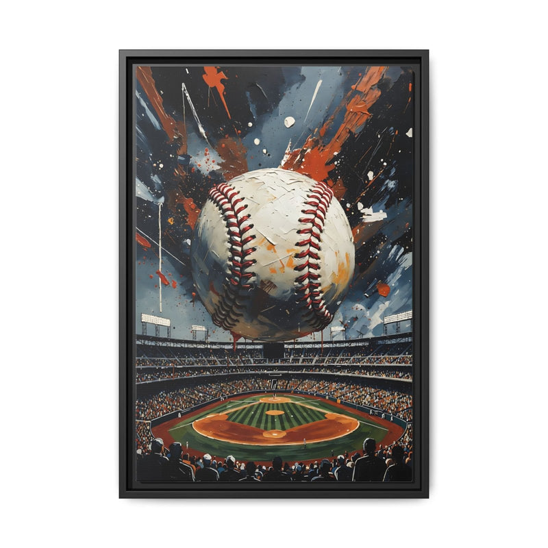 Framed baseball home run canvas wall art with baseball, stadium field, black frame