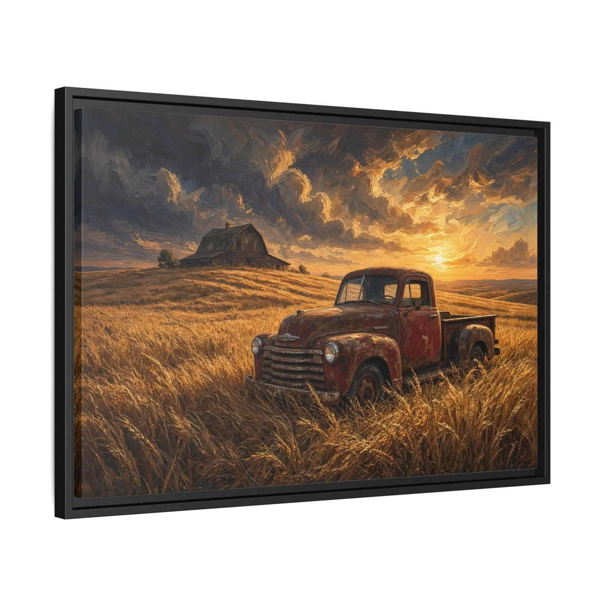 Framed canvas wall art of a red pickup truck in tall grass with farmhouse by sunset light