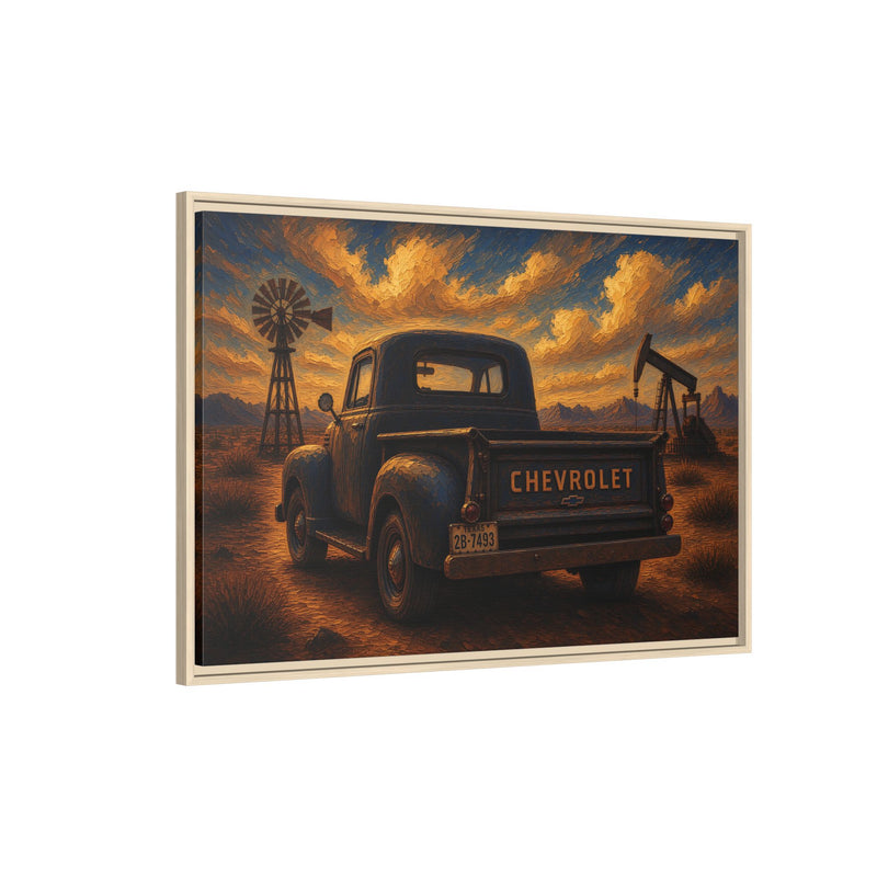 Vintage Chevrolet Oil Field Sunset | Framed Canvas Wall Art